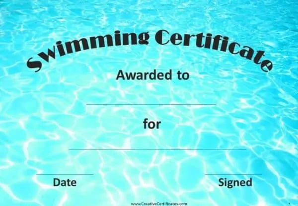 swimming certificate with image of water in the background which looks like a pool