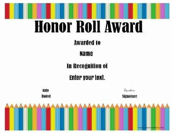 honor roll certificate with a line of color pens in the background