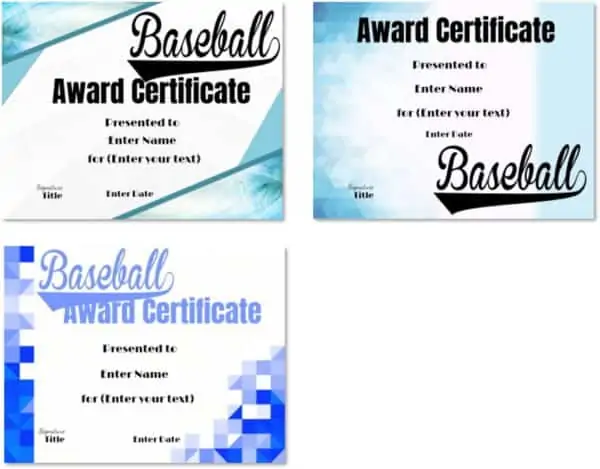 Baseball certificate templates